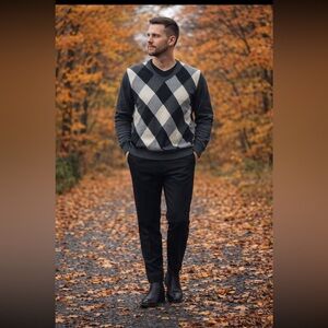 Grant Thomas 100% Cashmere 2 Ply Mens Argyle V Neck Sweater Gray Ivory Luxury XL